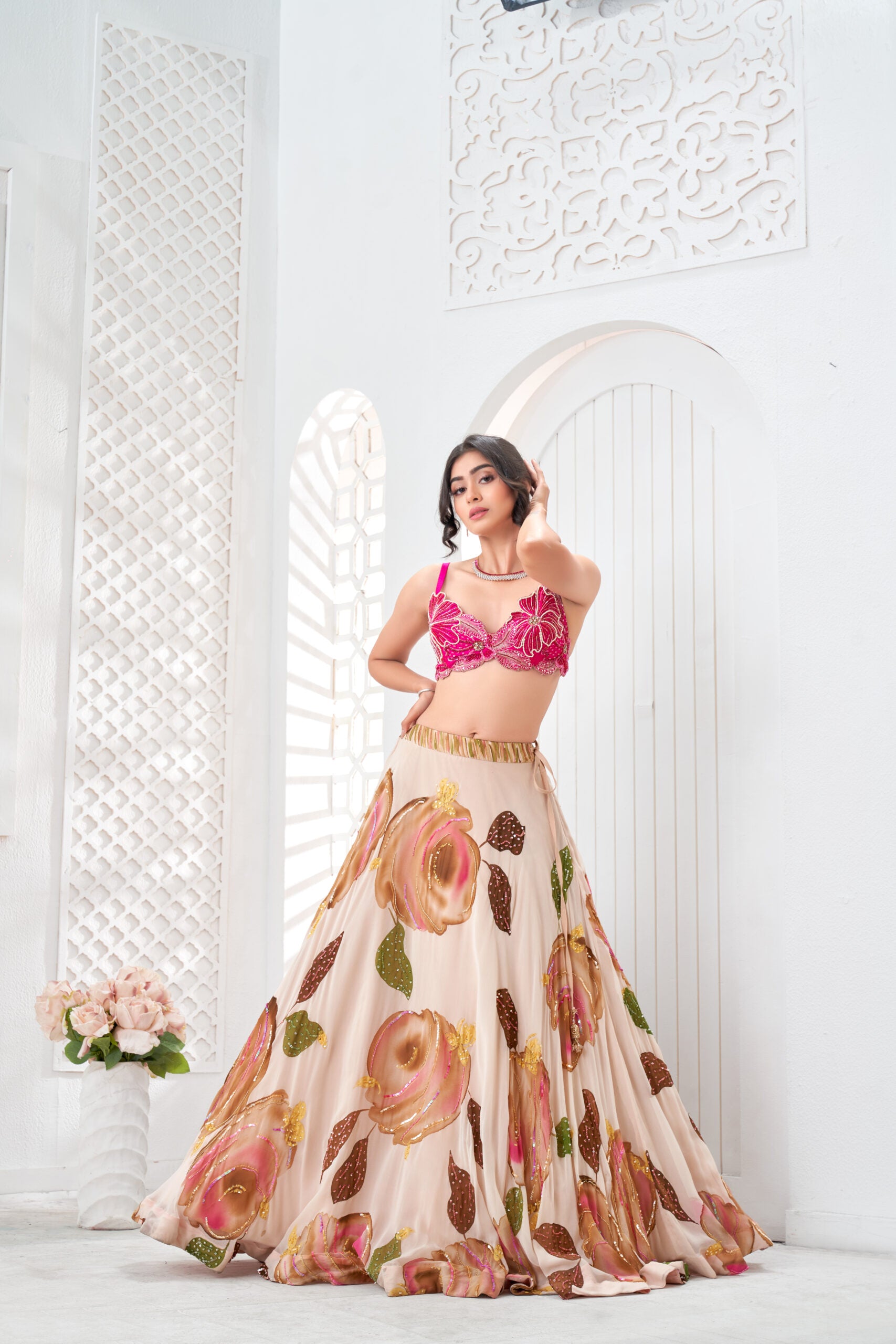 Baby Pink hand painted lehenga and embroidered bralette set - S image