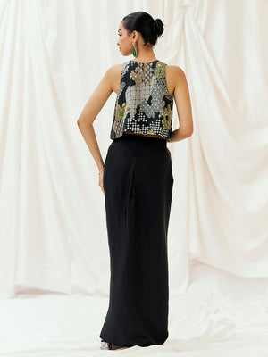 Black Printed Embroidered Drape Skirt Set image 2
