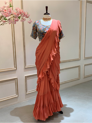Coral Ruffle Saree With Blue Blouse - Custom image