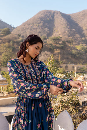 Navy Blue Floral Crepe Georgette Dress image 7