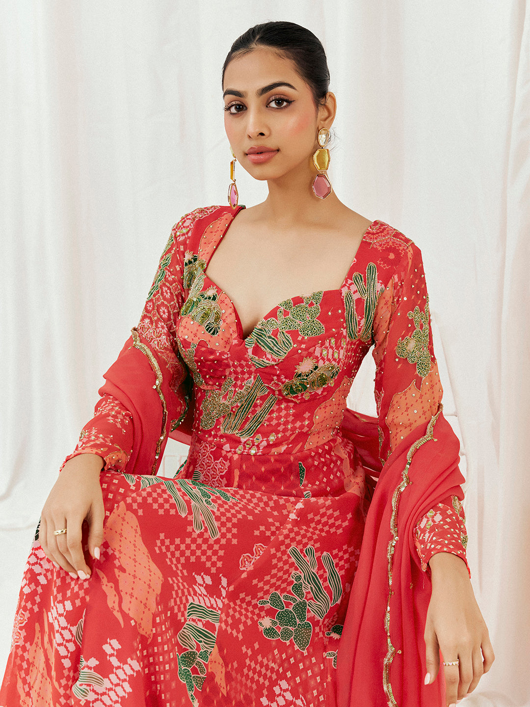 Red Printed Embroidered Anarkali Set with Dupatta image 1