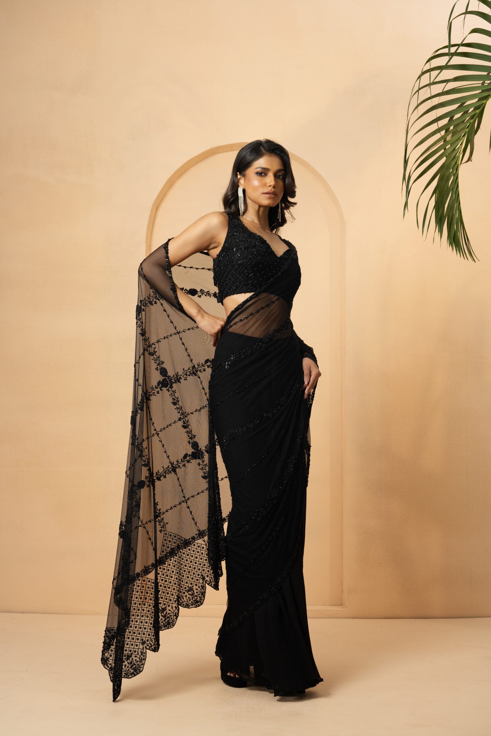 Black Embellished Drape Saree image 1