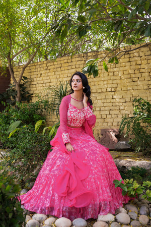 Pink Georgette &amp; Net Layered Lehenga Set image 7
