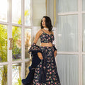 Navy Blue Floral Georgette Crepe Printed Lehenga Set image 0