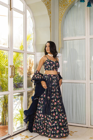 Navy Blue Floral Georgette Crepe Printed Lehenga Set image 0