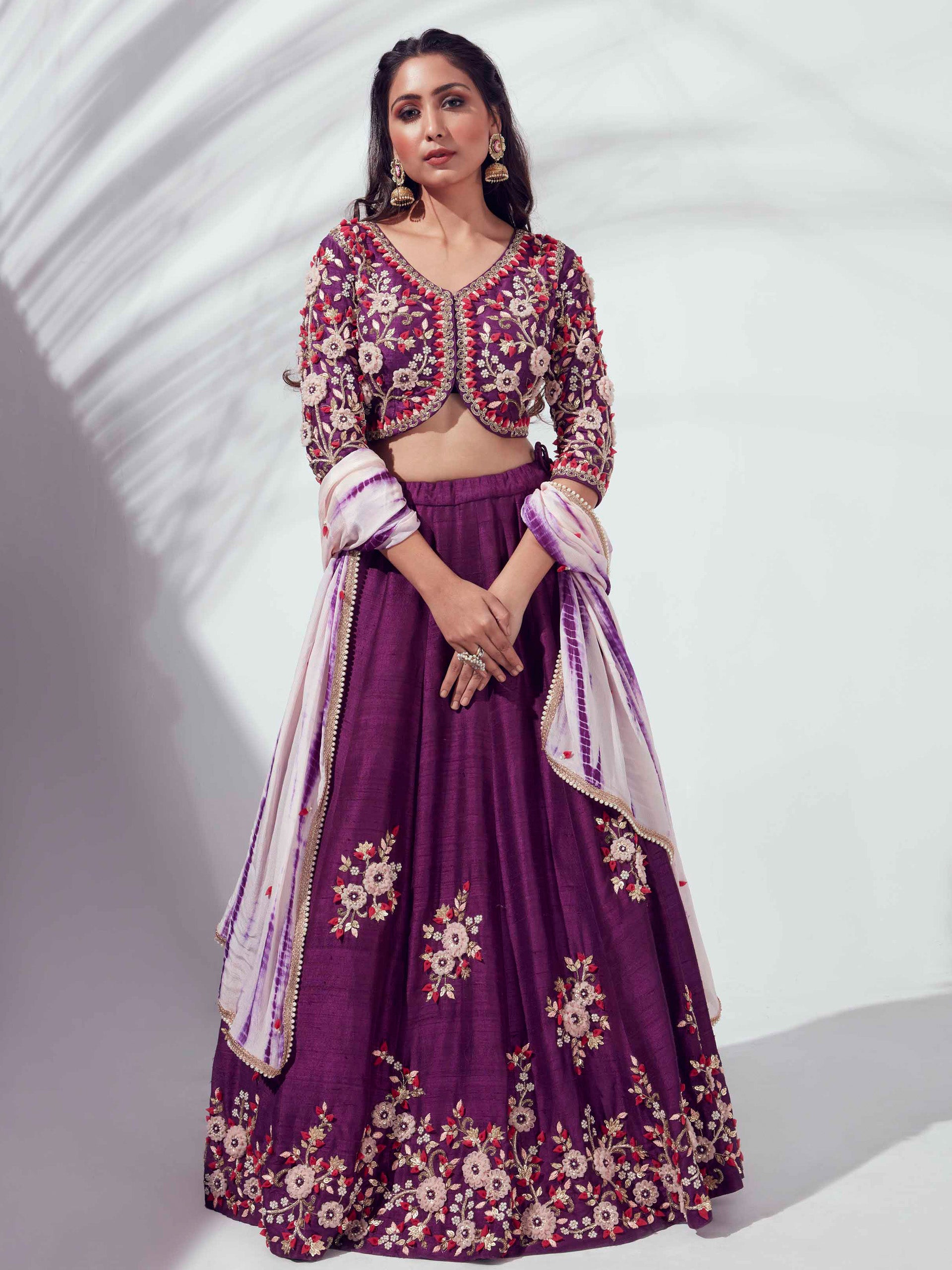 Purple Floral Lehenga Set - L image