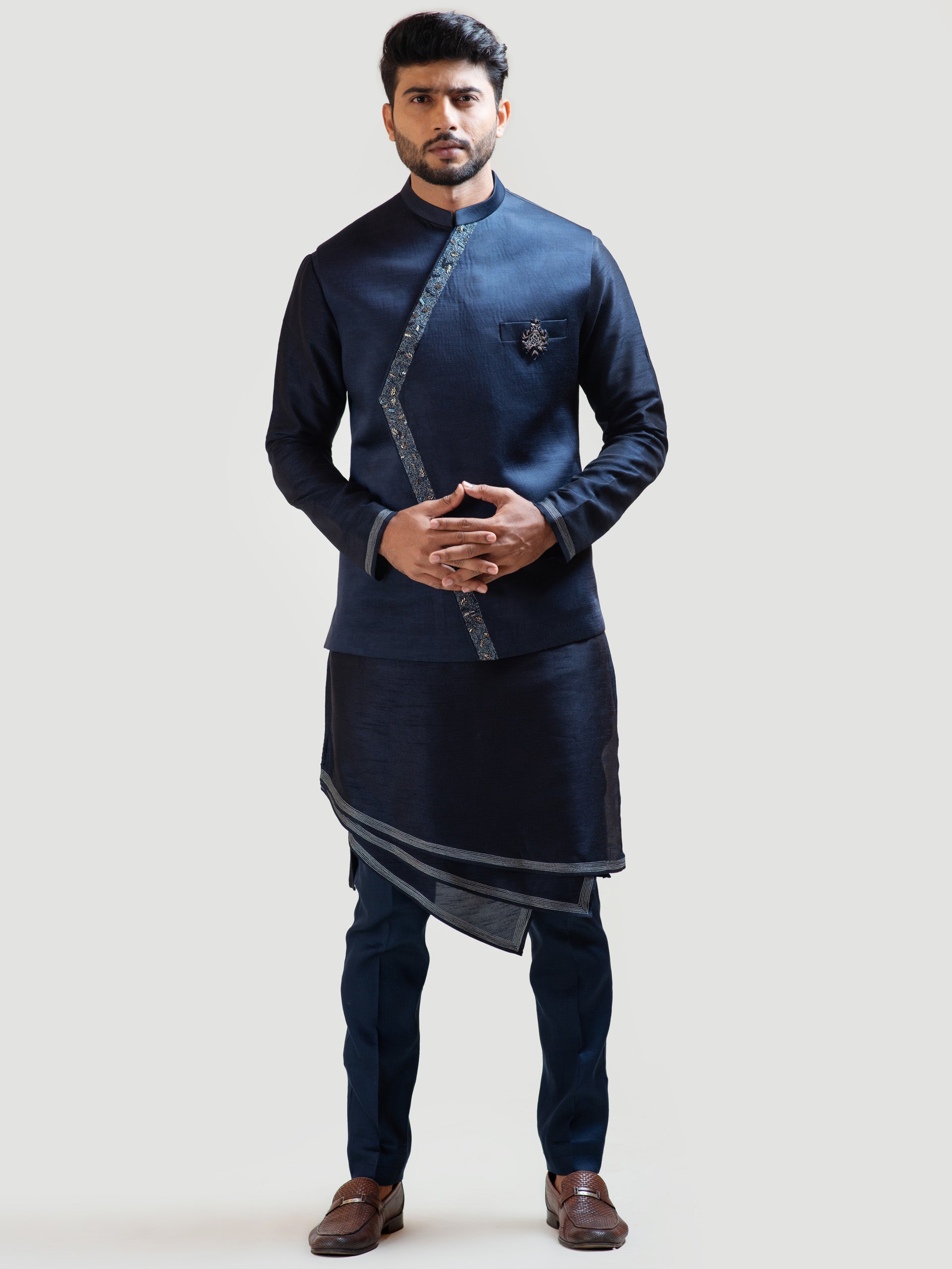 Navy Blue Overlap Nehru Kurta Set - L image