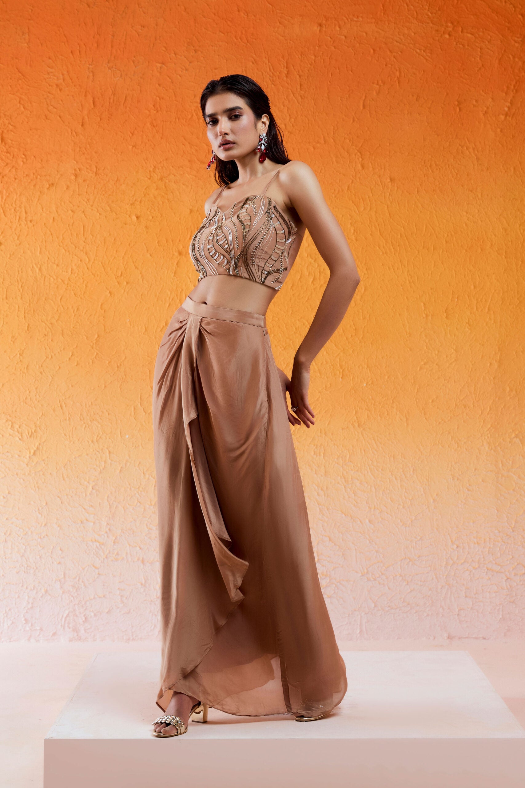 Caramel Brown Embroidered Drape Skirt Set with Cape image 2