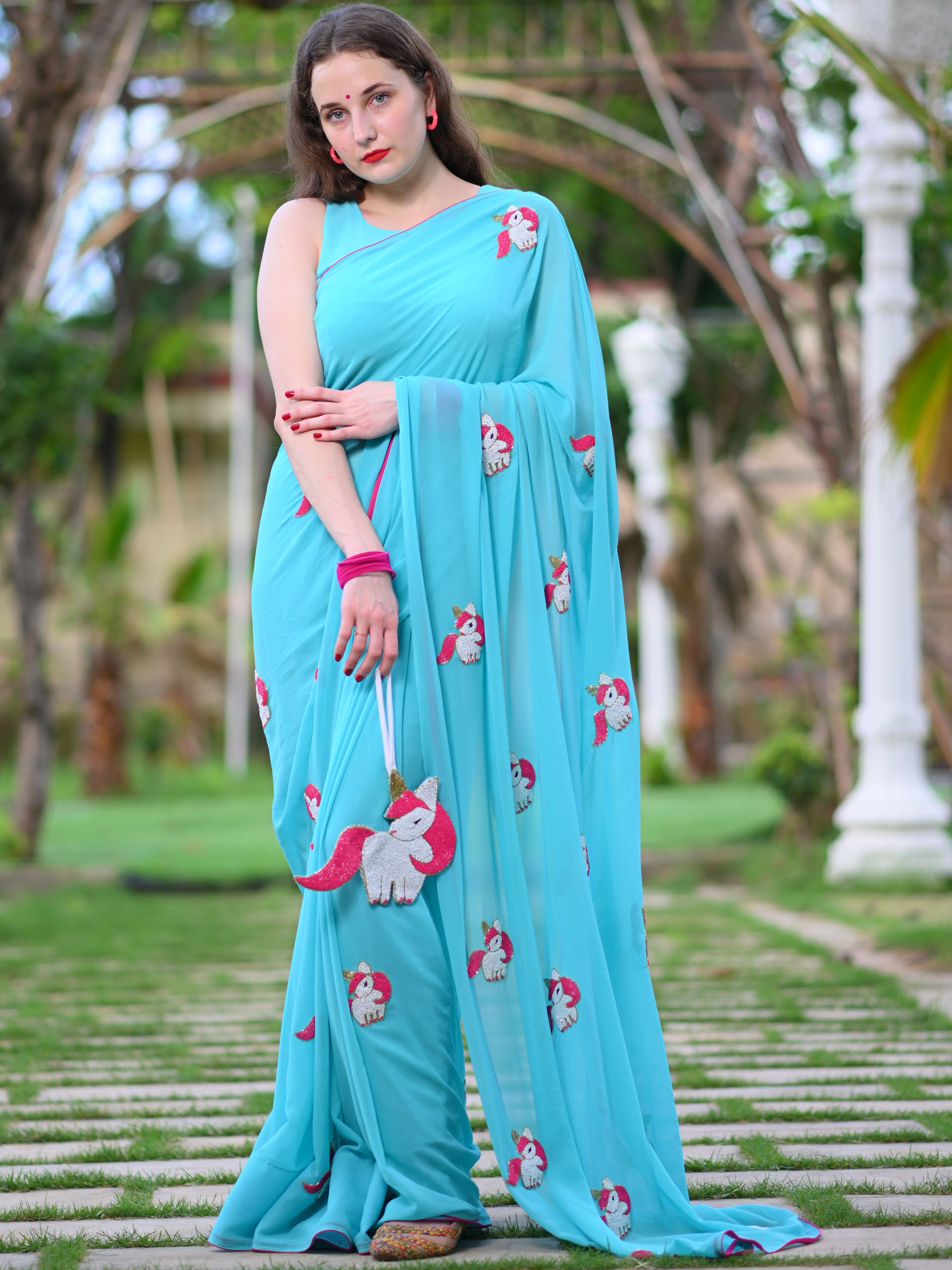 Turquoise Blue Unicorn Saree Set image 2