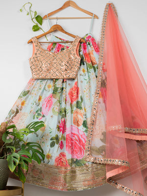 Aqua Floral Mirror Lehenga Set with Apricot Peach Blouse - L image