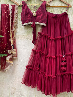 Burgundy Tier Ruffle Lehenga Set image 4