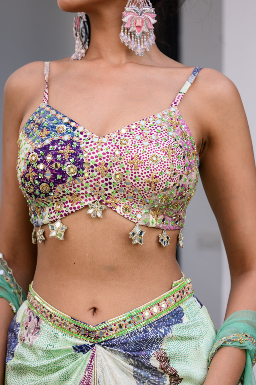 Eden Highlight Bralette With Mirror Work Paidawn With Dhoti Skirt And Cape image 4