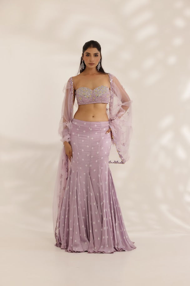 Lavender Bandhani Lehenga With Net Pallu - M image