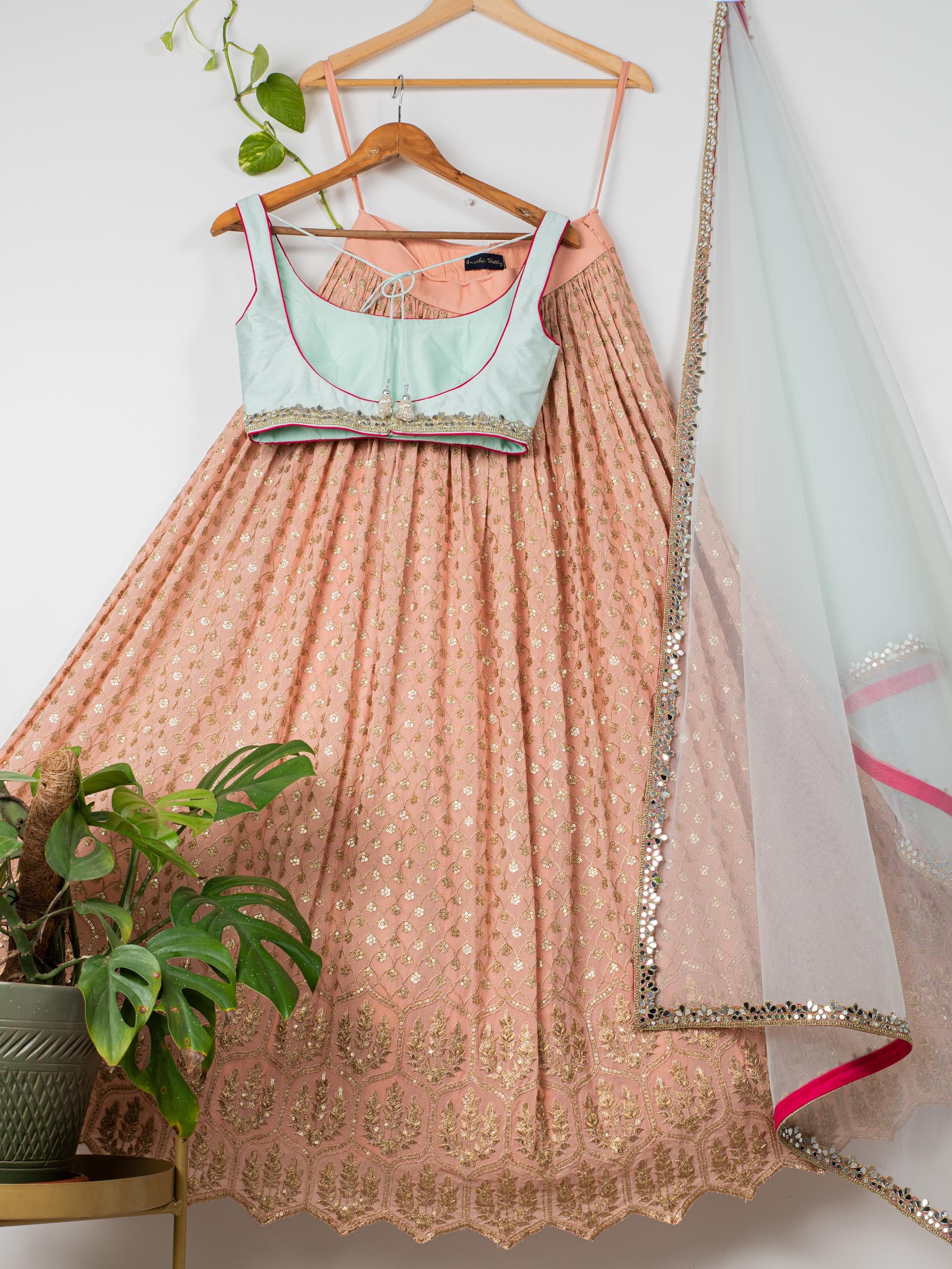 Apricot Peach and Aqua Lehenga Set image 1
