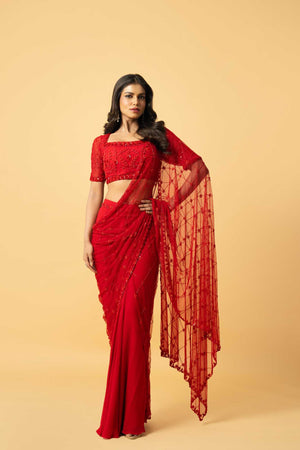 Red Soft Net and Georgette Saree image 2