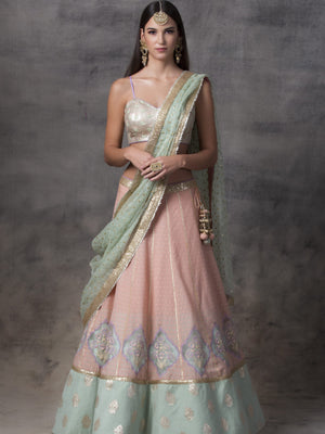 Peach Chanderi Lehenga with Gold Choli - S image