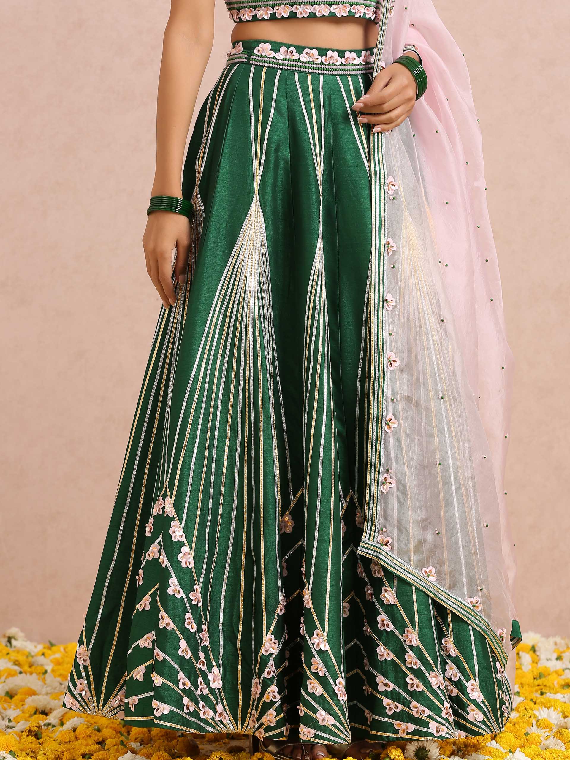 Green Embroidered Stripe Lehenga Set with Sleeveless Blouse image 7