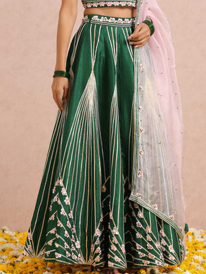 Green Embroidered Stripe Lehenga Set with Sleeveless Blouse image 7