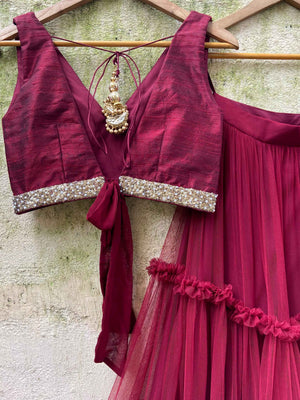 Burgundy Tier Ruffle Lehenga Set image 3