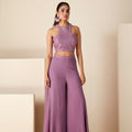 Embroidered Mauve Crop Top and Flared Pants Set image 0