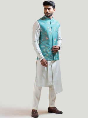 Sea Blue Madhubani Nehru Kurta Set - M image
