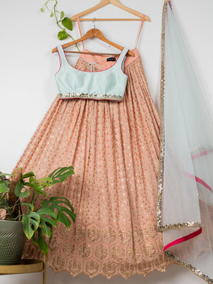 Apricot Peach and Aqua Lehenga Set image 0