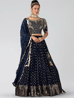 Dark Blue Embroidered Lehenga Set - M image
