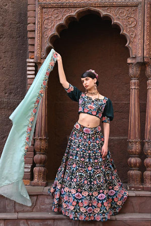 Bottle Green Embroidered and Embellished Heavy Lehenga Set image 4