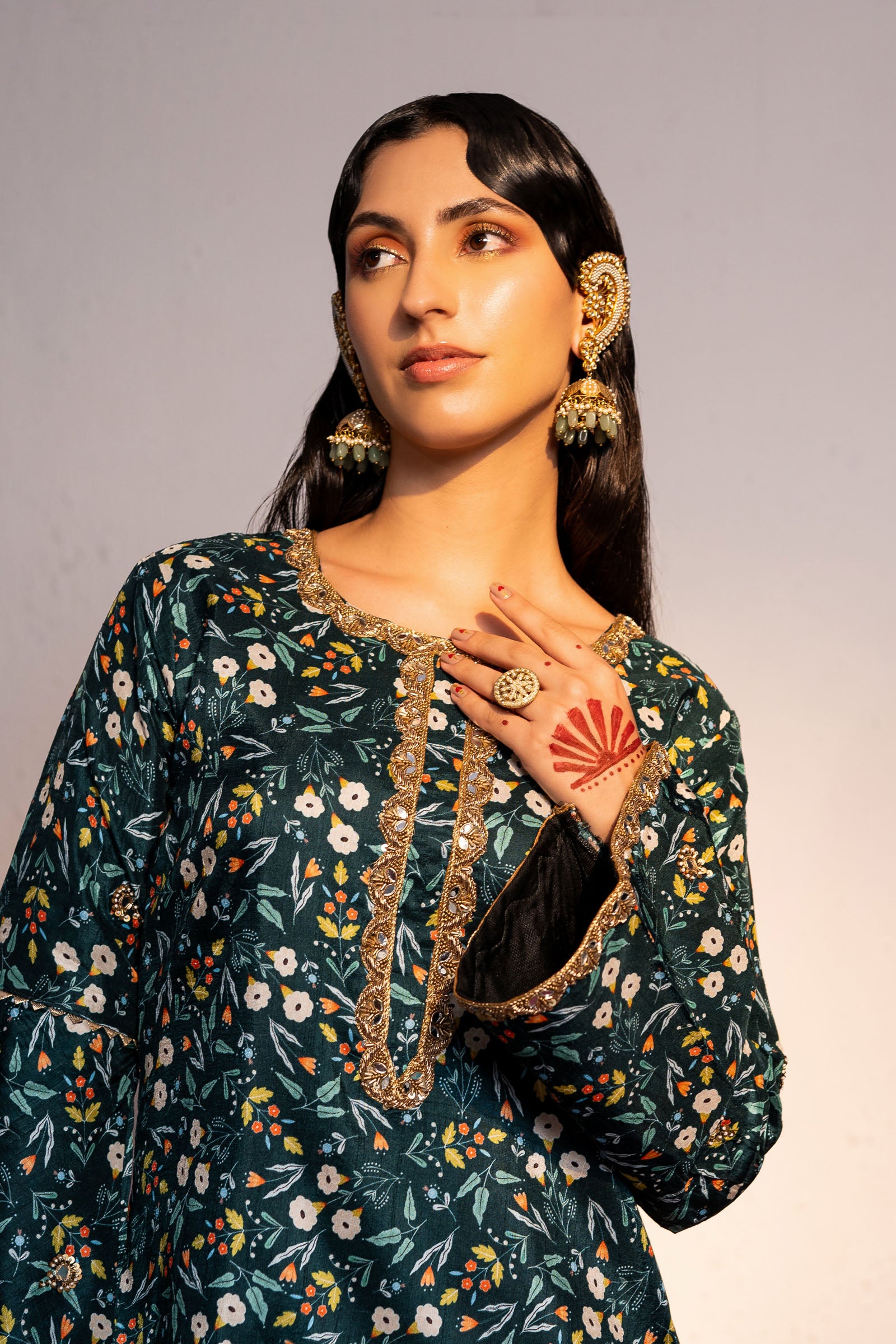 Royal Green Printed And Embroidered Kurta Set image 2