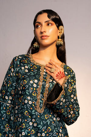 Royal Green Printed And Embroidered Kurta Set image 2