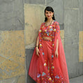 Coral Embroidered Bell Bottom Pant With Crop Top and Cape image 0