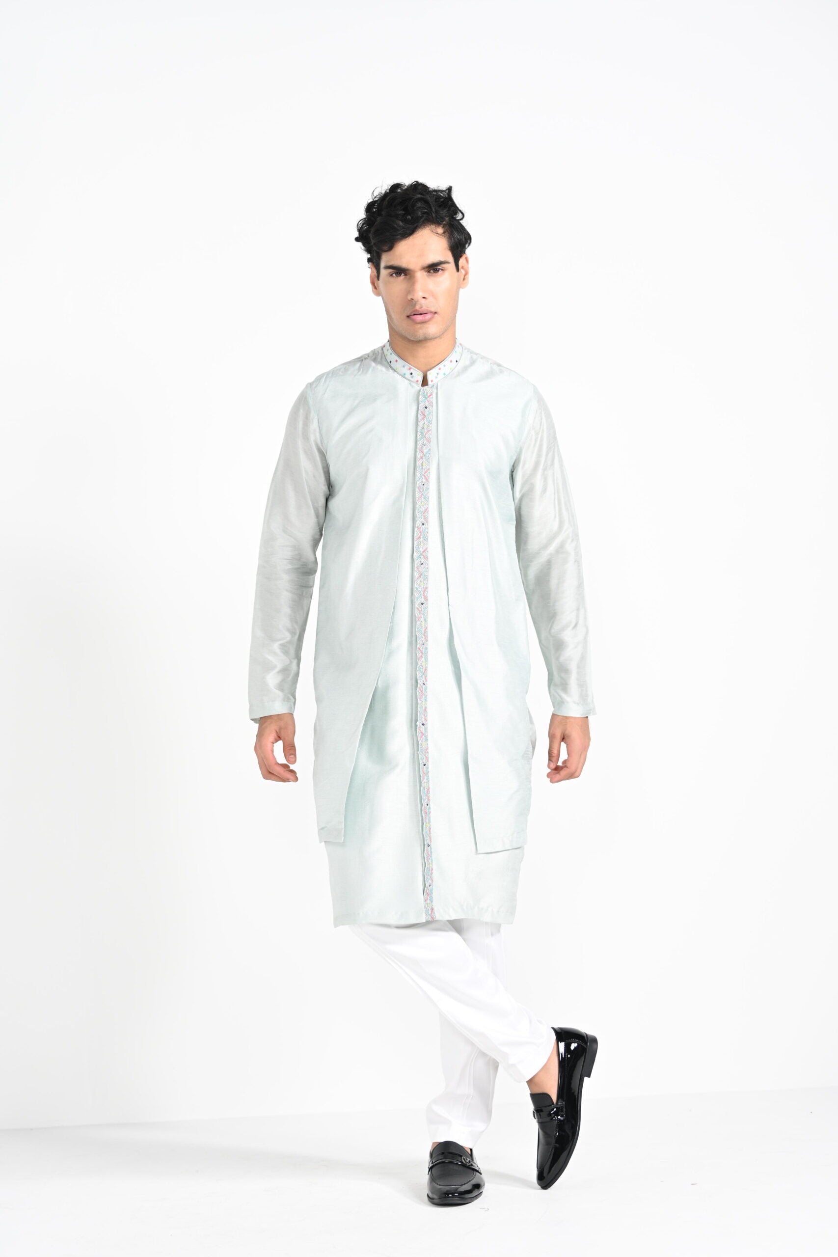 Ice Blue Multicoloured Geometric Motif Achkan Set - Custom image