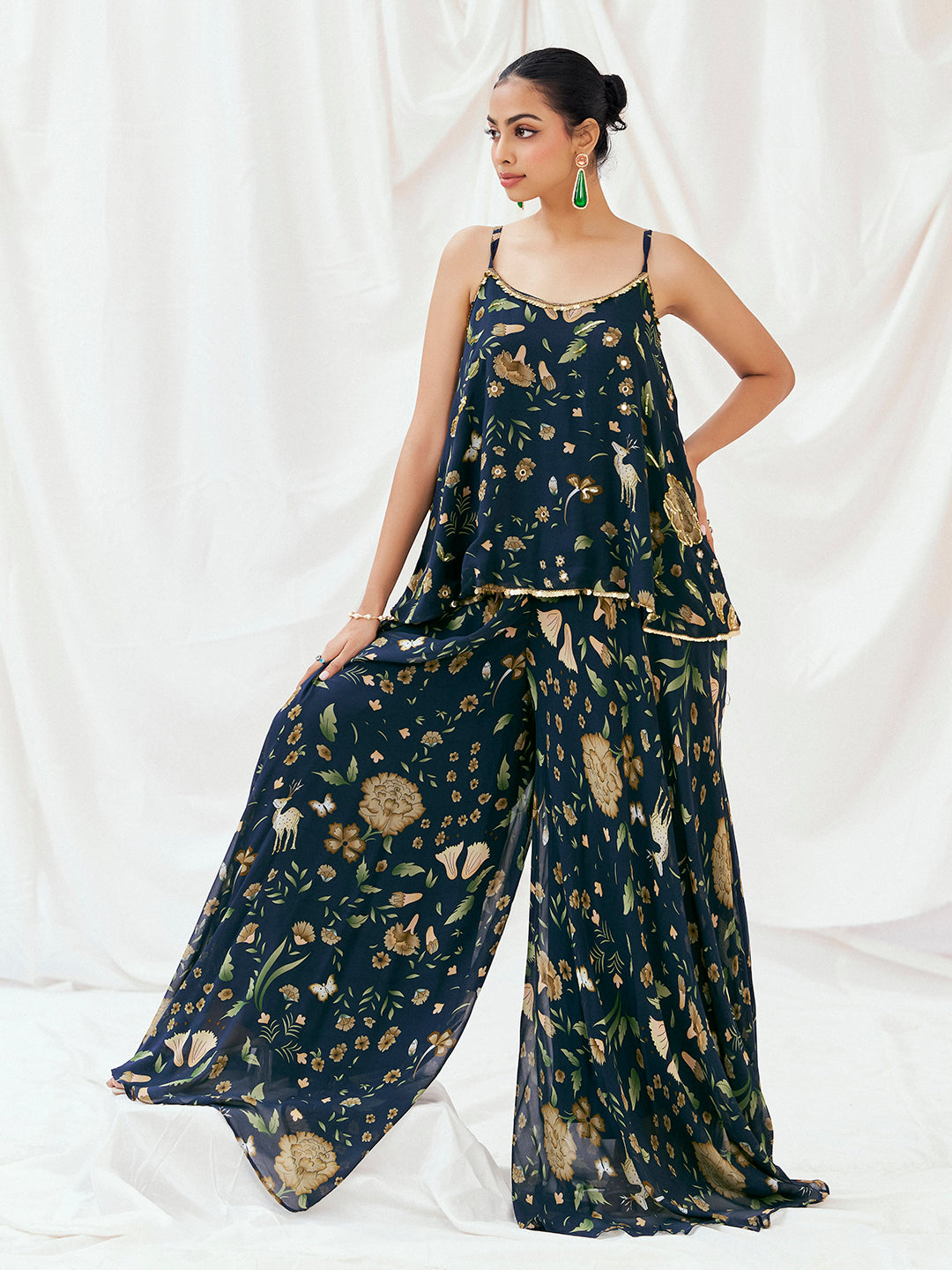 Navy Blue Printed Embroidered Peplum Sharara Set image 0