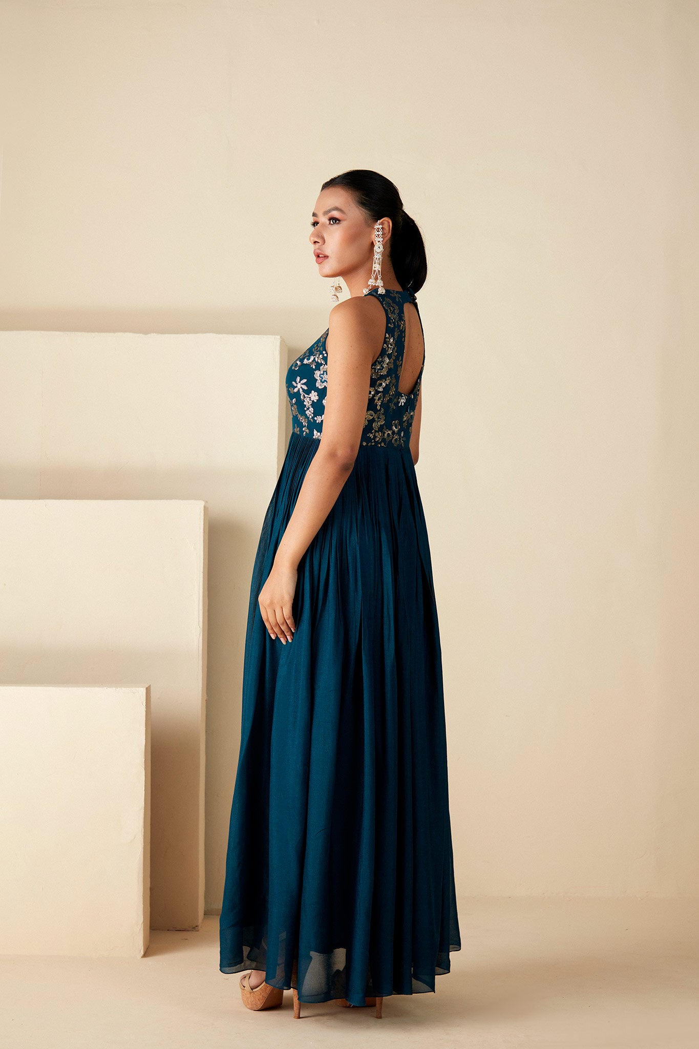Mirror Work Teal Blue Fusion Dress image 1