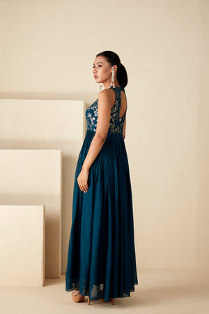 Mirror Work Teal Blue Fusion Dress image 1