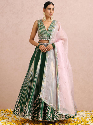 Green Embroidered Stripe Lehenga Set with Sleeveless Blouse image 3
