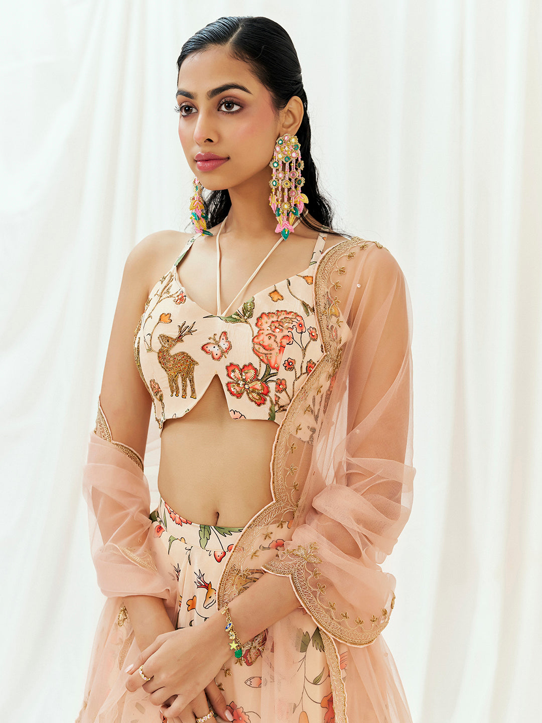 Floral White Printed Embroidered Lehenga Set with Dupatta image 3
