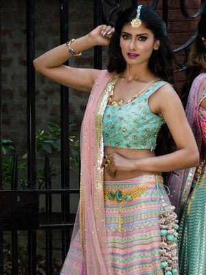 Pastel Geometric Lehenga with Aqua Choli Set - L image