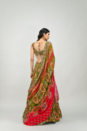 Olive Highlighted Lehenga Paired With Badla Embroidered Olive Blouse and  Dual Print Highlighted Dupatta image 7