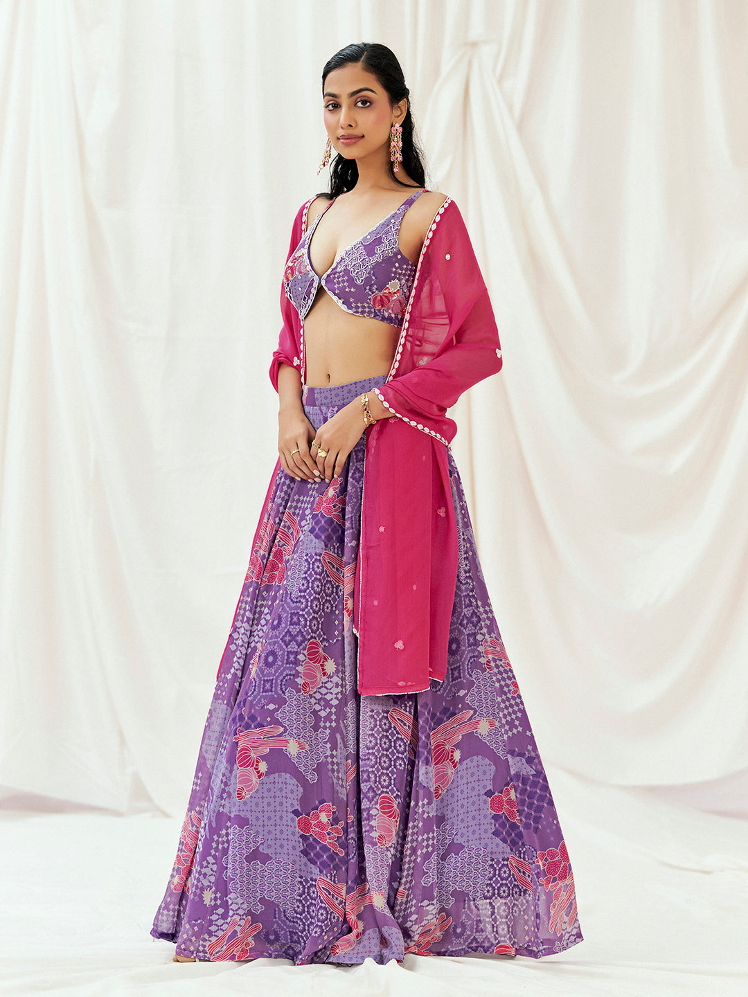 Violet Printed Embroidered Lehenga Set with Dupatta image 4
