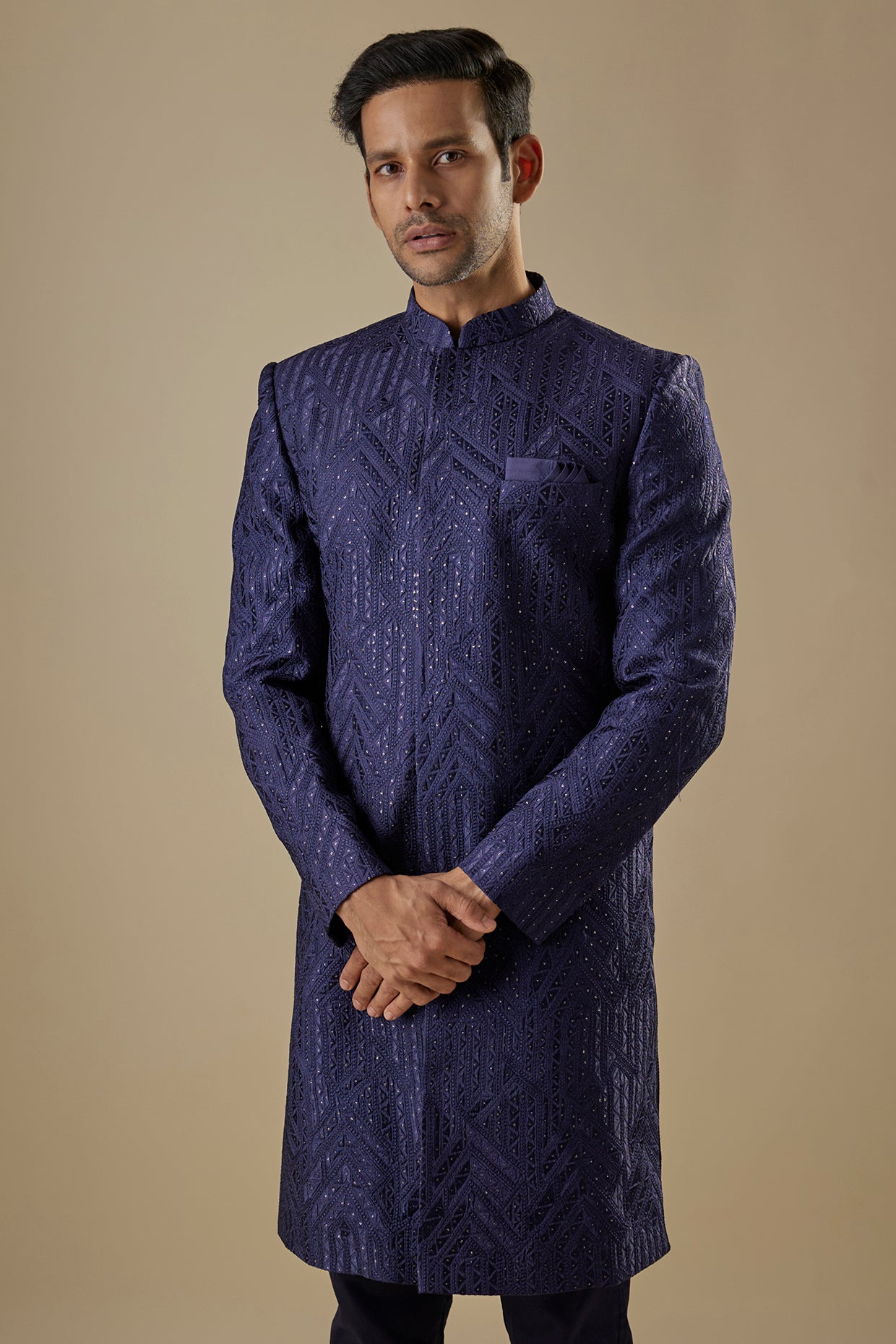 Navy Blue Geometric Embroidered Sherwani Set image 1