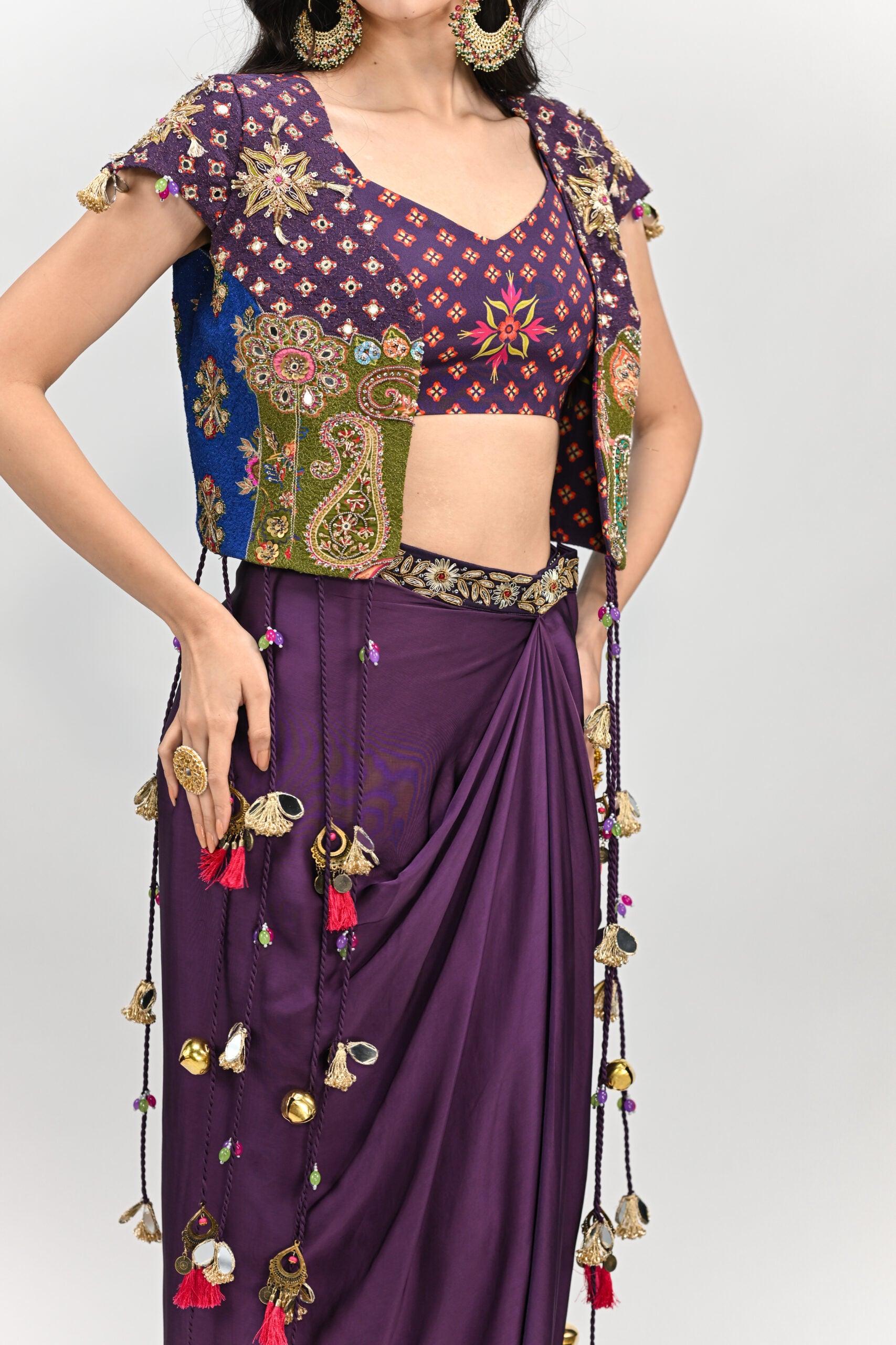 Plum Patch Highlighted Tassel Jacket Dhoti Skirt Set image 1