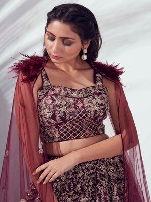 Wine Lehenga Paired With Cape Dupatta image 3