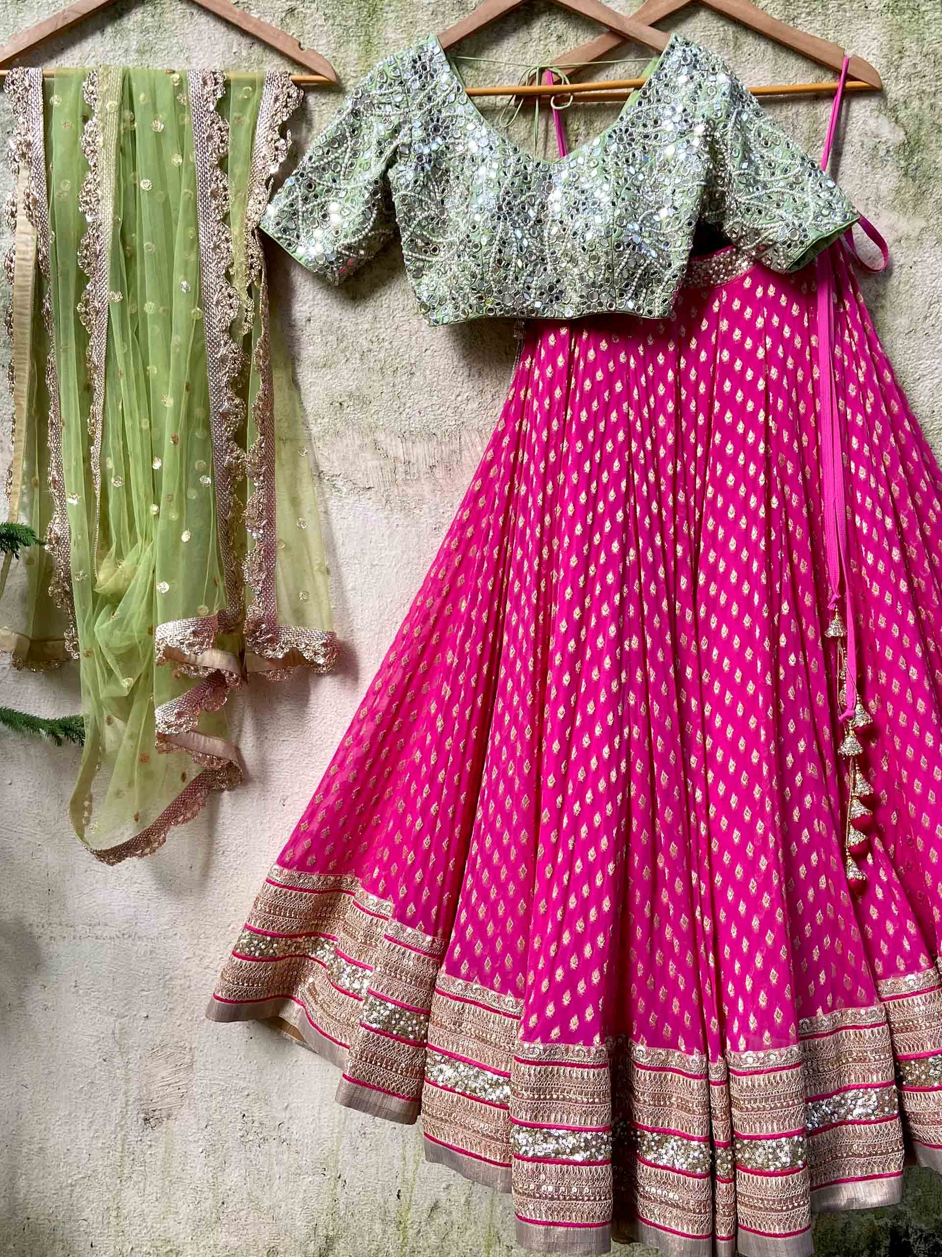 Fuchsia and Olive Green Zari Lehenga Set image 0