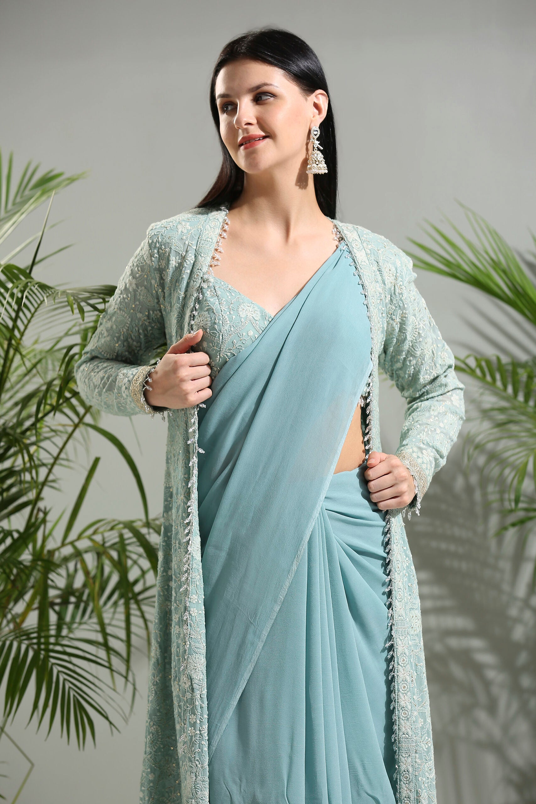Dusty Blue Jacket and Saree Set image 4