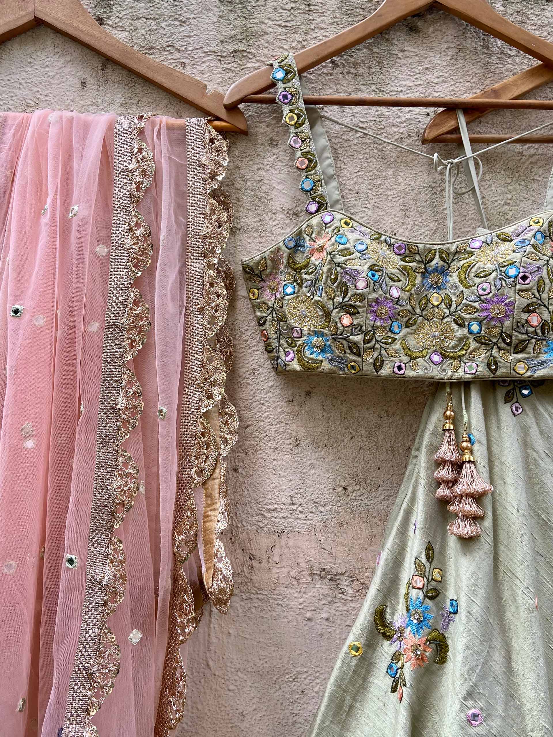 Tea Green Mirror Lehenga Set image 4