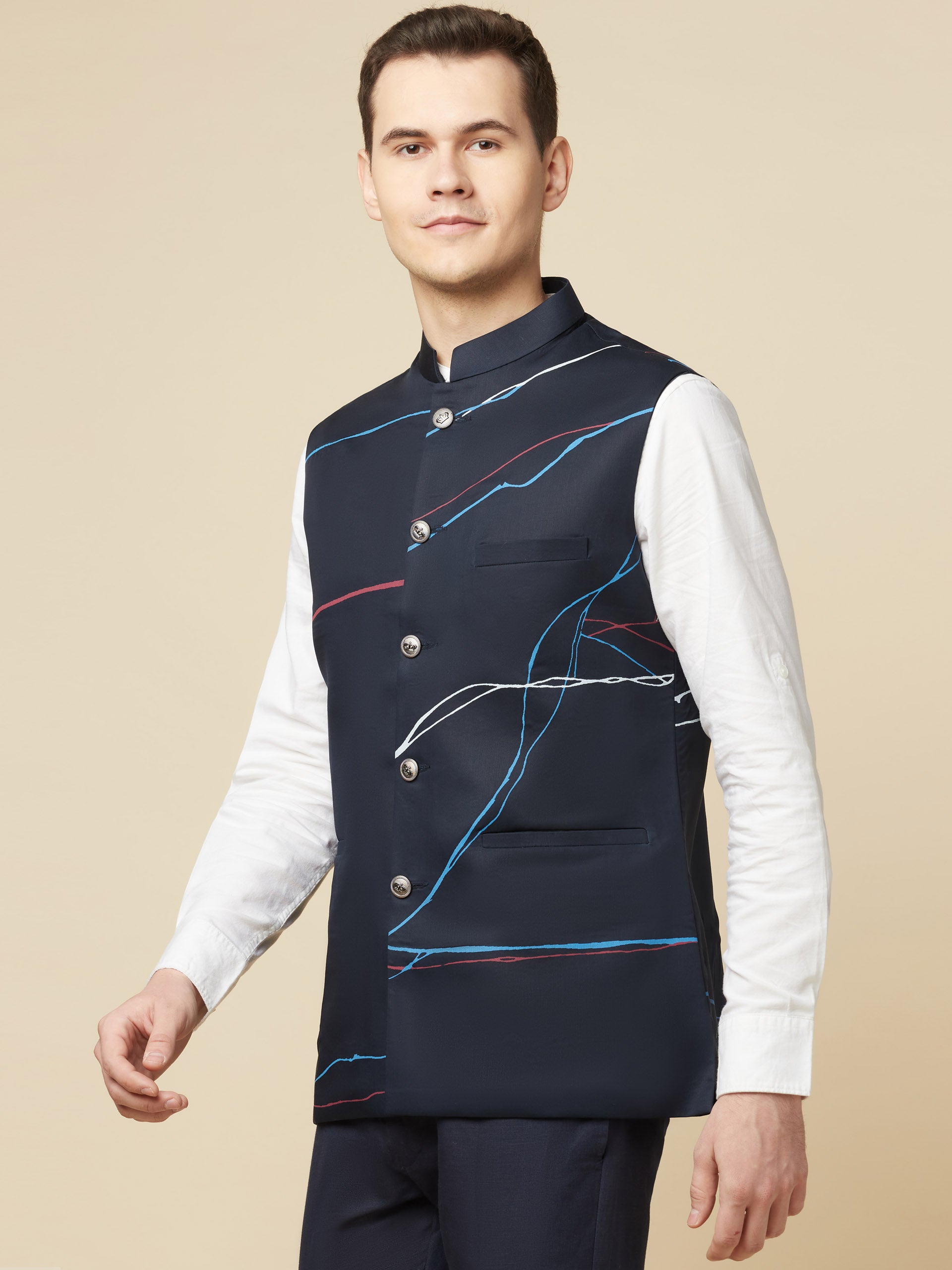 Navy Blue Printed Bundi Jacket image 0