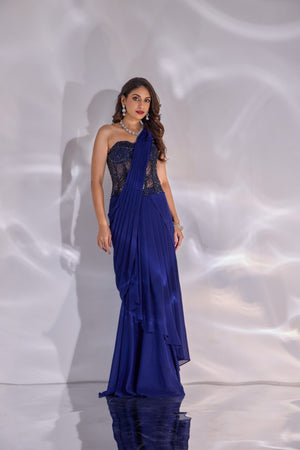 Navy Blue Dori Corset  Drape Saree Set - M image