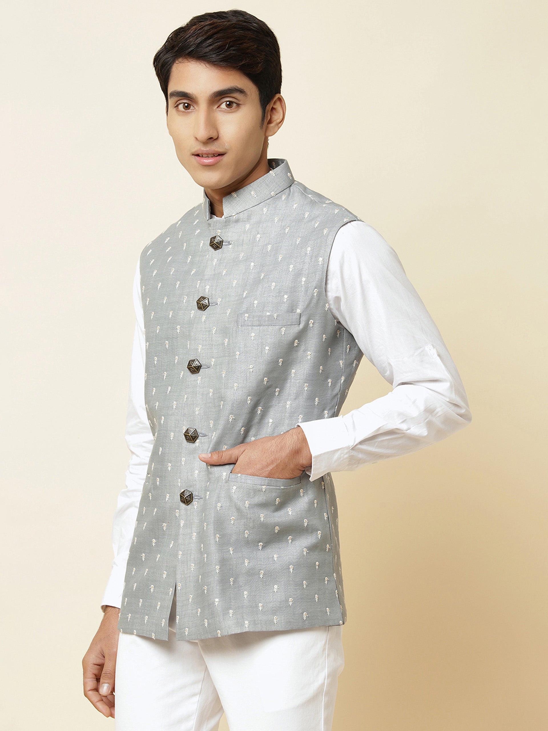 Grey Embroidered Bundi Jacket image 3