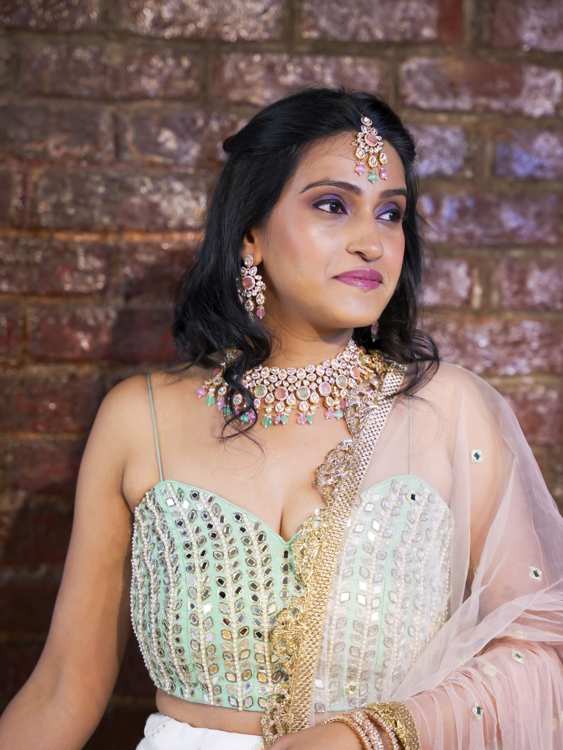 Mint Bustier and Ivory Ruffle Lehenga Set image 1